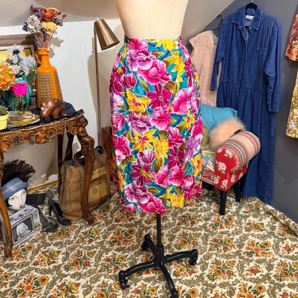 Christian Dior Vintage 80s‎ Floral Rayon Pleated Midi Skirt Pink Teal 14 - Picture 2 of 8